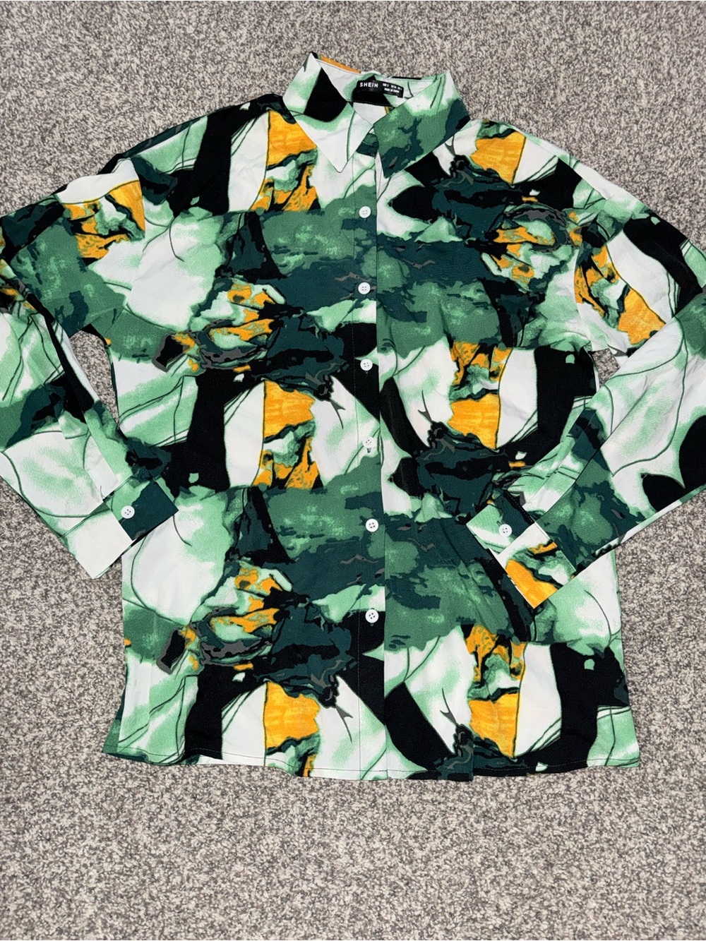 SHEIN Green, Black & Yellow Abstract Print Button-Down Shirt
